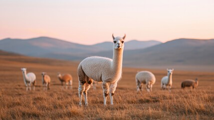Fototapeta premium Llamas grazing peacefully in golden grasslands at sunset, serene
