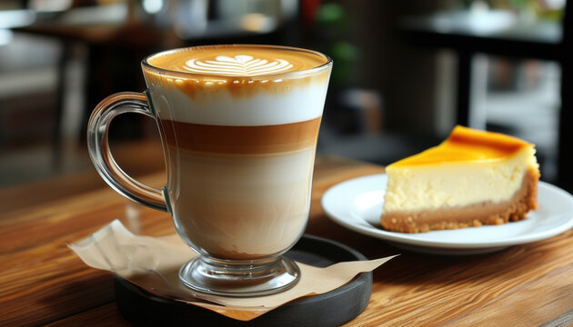 Close up Glass cup latte with artistic foam design beside cheesecake on wooden table