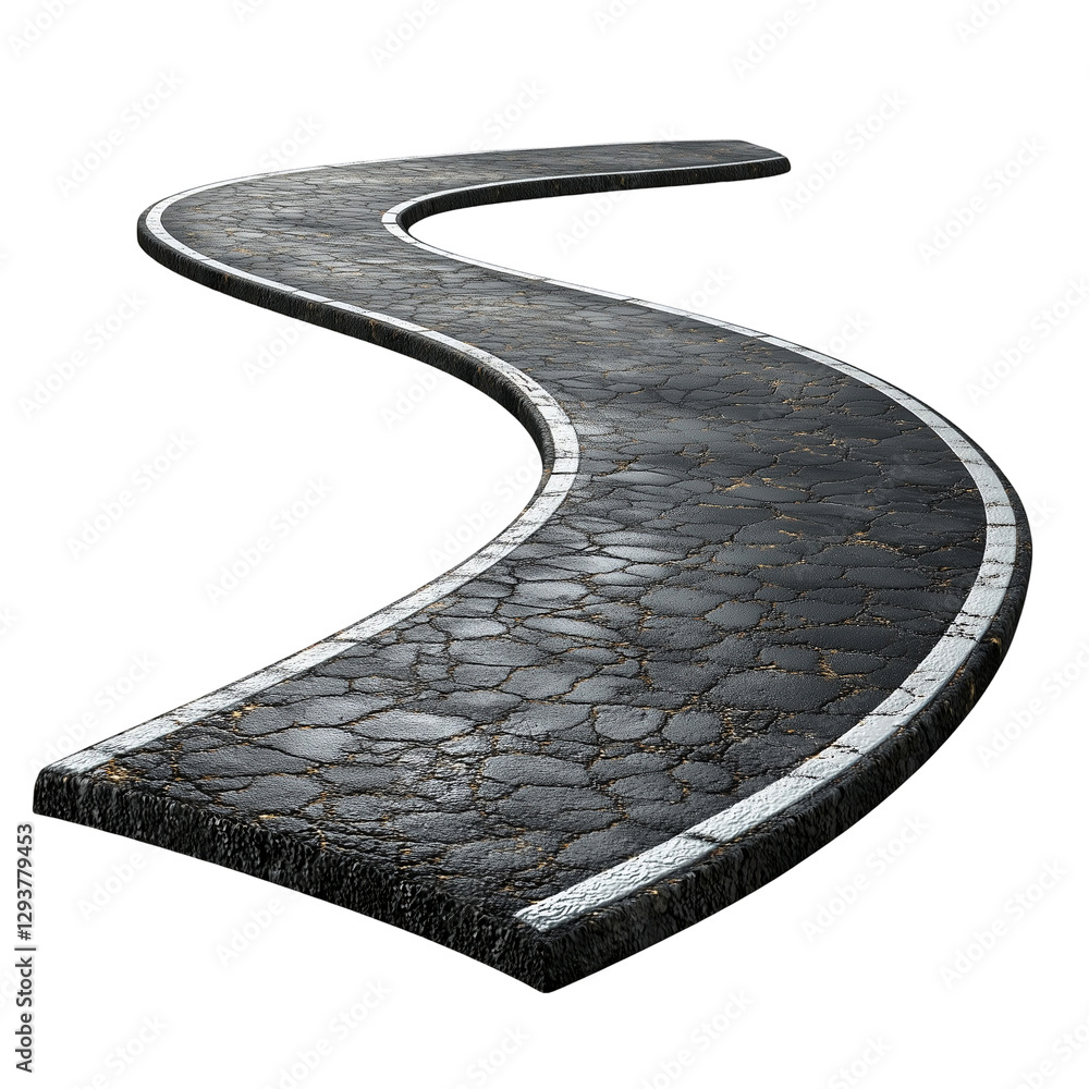 Poster winding road asphalt texture dark background 3d way path isolated on transparent background