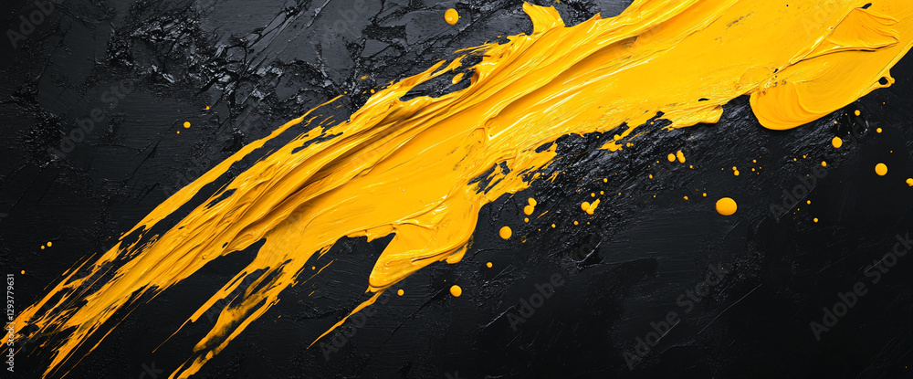 Poster abstract yellow paint stroke and splatter on black canvas, a bold artistic expression symbolizing cr
