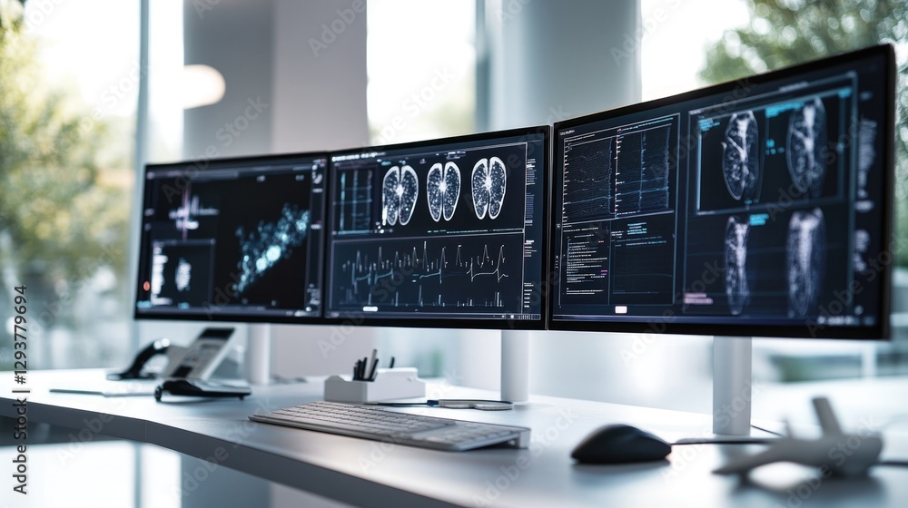 Poster high-tech workstation features multiple screens displaying medic