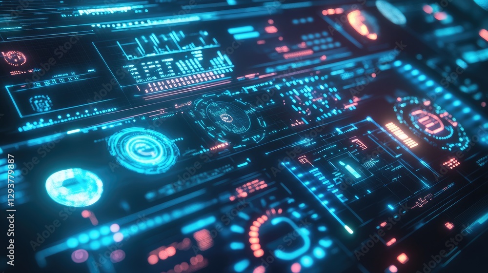 Poster A futuristic display of glowing blue and neon green HUD interface elements, showcasing digital symbols and data visualizations in high-tech design