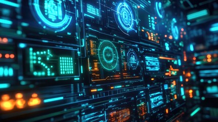 Obraz premium A futuristic display of glowing blue and neon green HUD interface elements, showcasing digital symbols and data visualizations in high-tech design