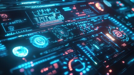 Fototapeta premium A futuristic display of glowing blue and neon green HUD interface elements, showcasing digital symbols and data visualizations in high-tech design