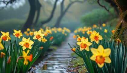 Vibrant daffodils along narrow path in lush garden with copy space for spring design