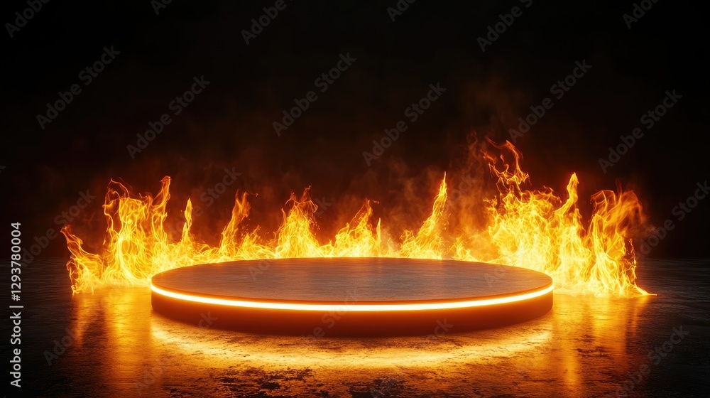 Poster A futuristic round podium glowing in the darkness, surrounded by dynamic fire flames, creating a high-impact visual for modern event or performance concepts