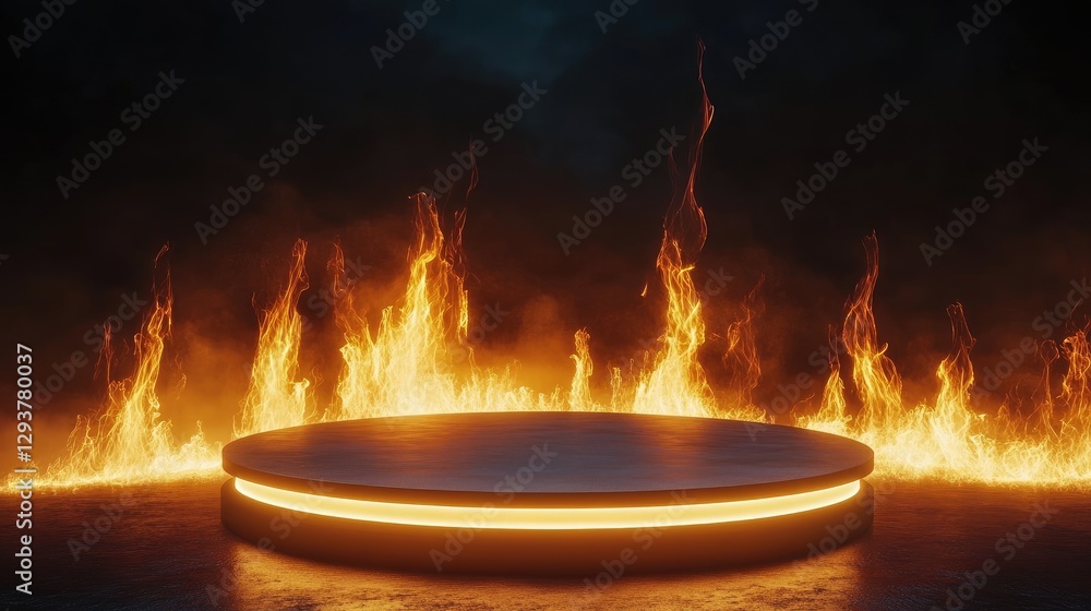 Poster A futuristic round podium glowing in the darkness, surrounded by dynamic fire flames, creating a high-impact visual for modern event or performance concepts