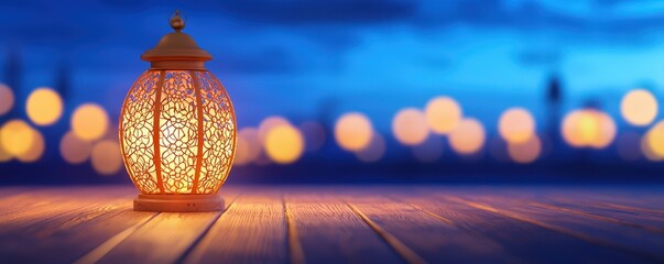 Obraz premium A beautifully designed lantern casts a warm glow against a blurred blue background filled with soft, twinkling lights, ramadan fasting purity gratitude eid ul fitr mubarok 