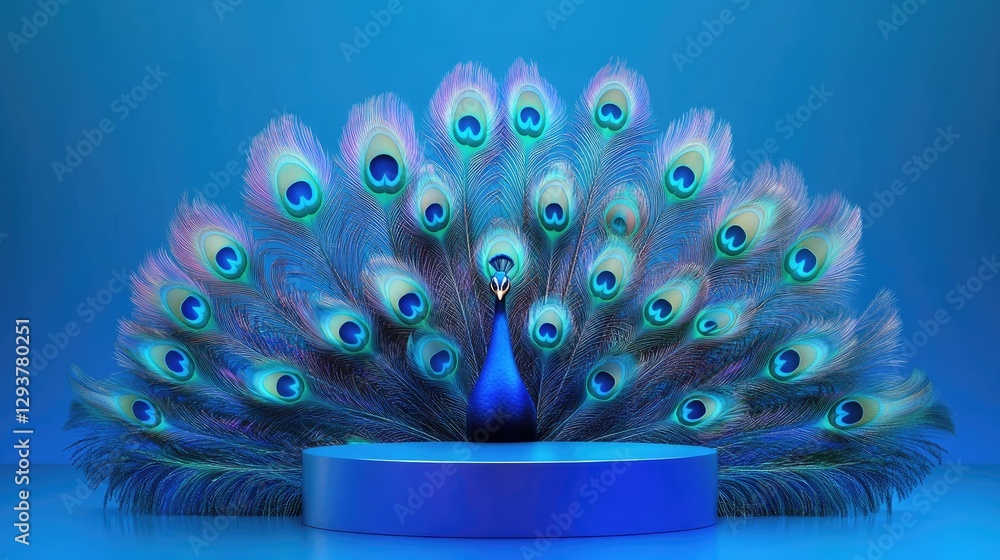 Poster a gleaming blue podium surrounded by vibrant peacock feathers, set against a serene gradient blue ba