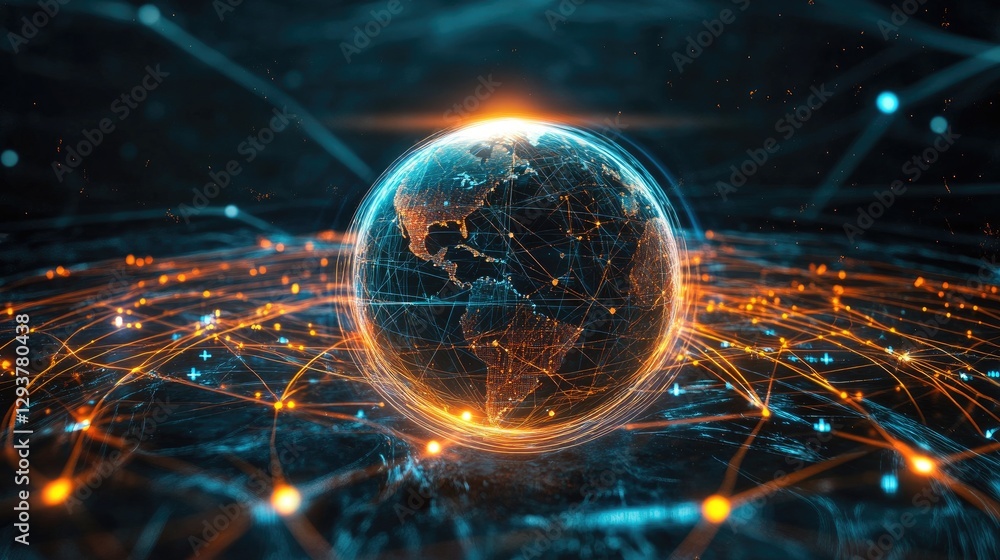 Poster a glowing globe encircled by digital connections and figures, representing the modern age of global 