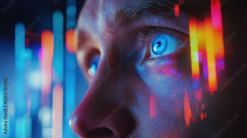 Poster close up of software engineer with data flow reflecting on face, symbolizing the interconnectedness 