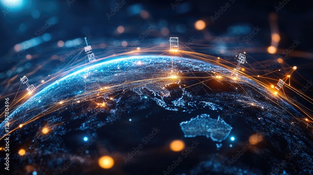 Poster a glowing globe encircled by digital connections and figures, representing the modern age of global 