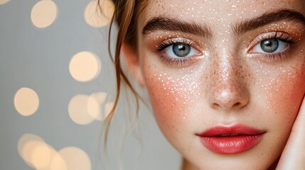 Elegant beauty portrait of a woman with radiant complexion, natural makeup, soft-focus background