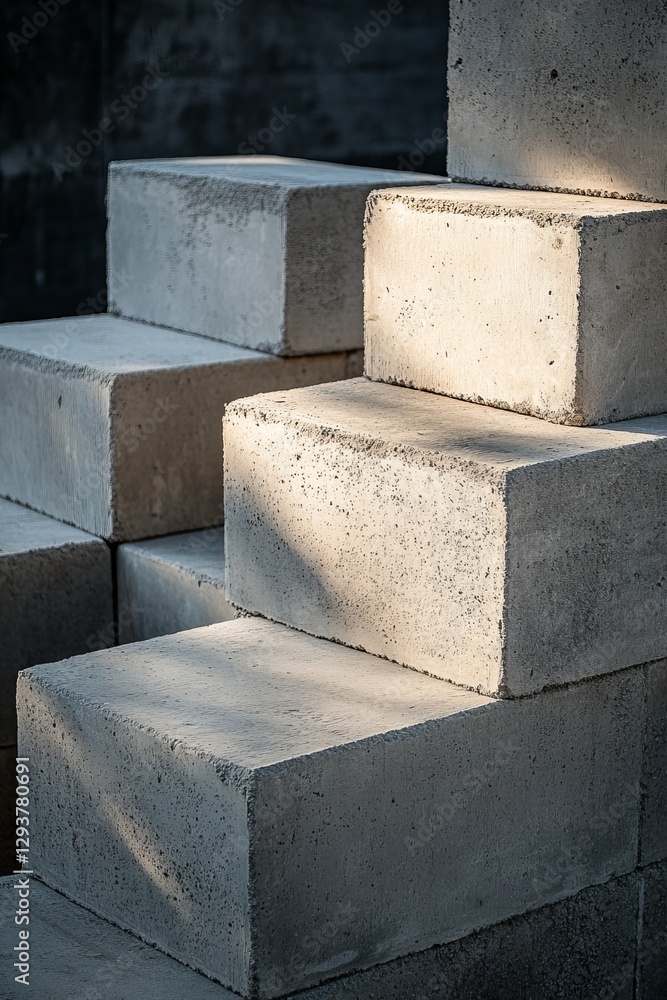 Poster stacked concrete blocks illuminated by soft sunlight.