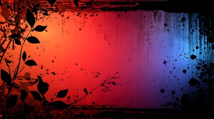 Abstract grunge art with leaves, vibrant color gradient, textured frame. Possible use Background design element