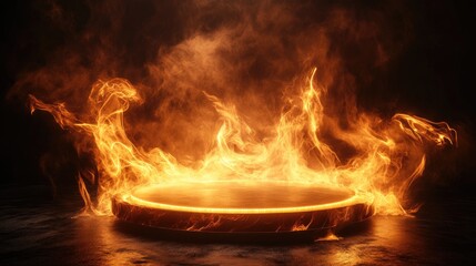 A glowing round podium in the center of swirling fire flames, set against darkness, offering a powerful and modern visual for stage or event design