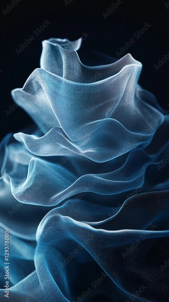 Poster Close-up of intricate, flowing translucent texture, showcasing the soft curves and delicate folds of a stunning blue abstract design symbolizing fluidity and elegance.