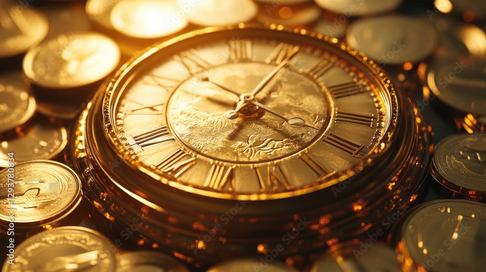 Poster a golden clock encircled by shining coins, symbolizing the balance between wealth and time managemen