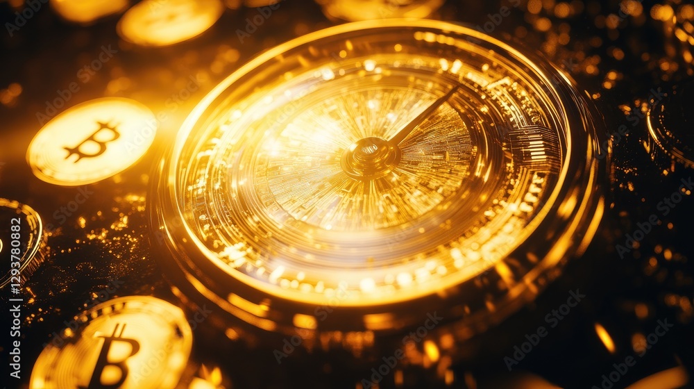 Poster a golden clock surrounded by glowing coins, symbolizing wealth and time management, offering a minim