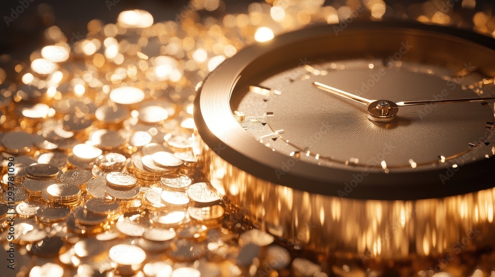 Poster a golden clock surrounded by shimmering coins, symbolizing wealth and time management in a minimalis