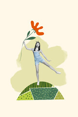 Poster image vertical photo collage of shocked girl hold flower bloom spring holiday event stand park hill walk atmosphere