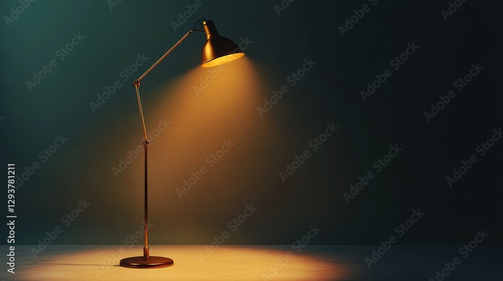 Poster A golden lamp overhead casts a spotlight, illuminating a clean, minimalist studio space, ideal for adding text or graphics for professional design work