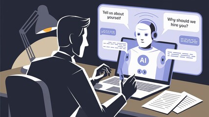 AI Interview: A modern illustration depicts a person interacting with an artificial intelligence bot for a job interview. The AI, displayed on a screen, poses questions.