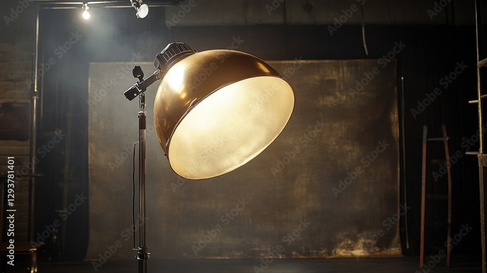 Poster A golden overhead lamp casts soft light, spotlighting a pristine studio environment, perfect for adding customized text or graphic design elements