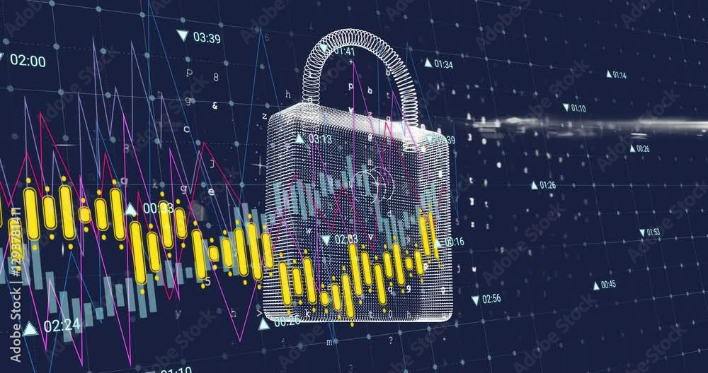 Poster Digital padlock over financial data charts and binary code animation