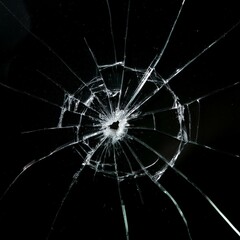 StructureBroken glass with central impact and radial cracks on a black background, highlighting details of the fractured crystal. Shattered glass texture with light effects on the crac overview
