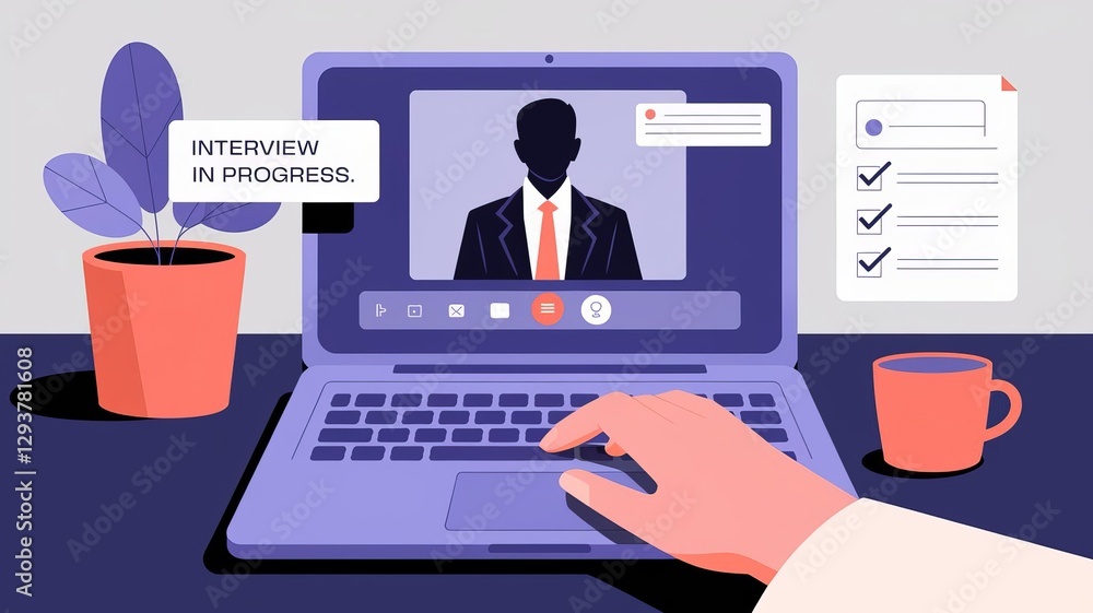 Poster virtual interview: a close-up captures a person's hand interacting with a laptop during a virtual in