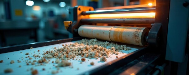Conveyor feeds waste into rotating drum screen ,  process,  industrial equipment