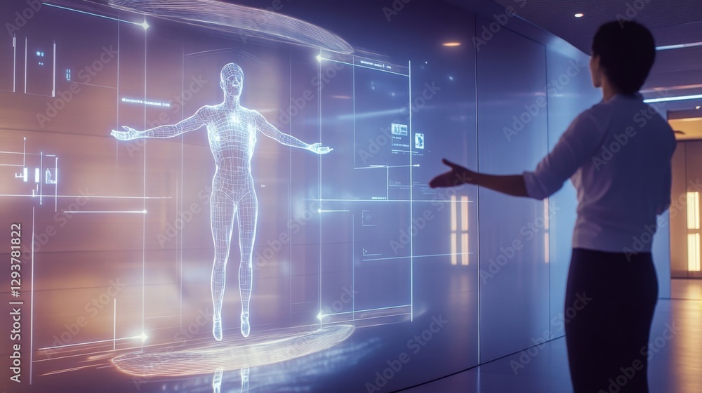 Poster scientist is using a futuristic transparent display showing a 3d human body model, suggesting advanc