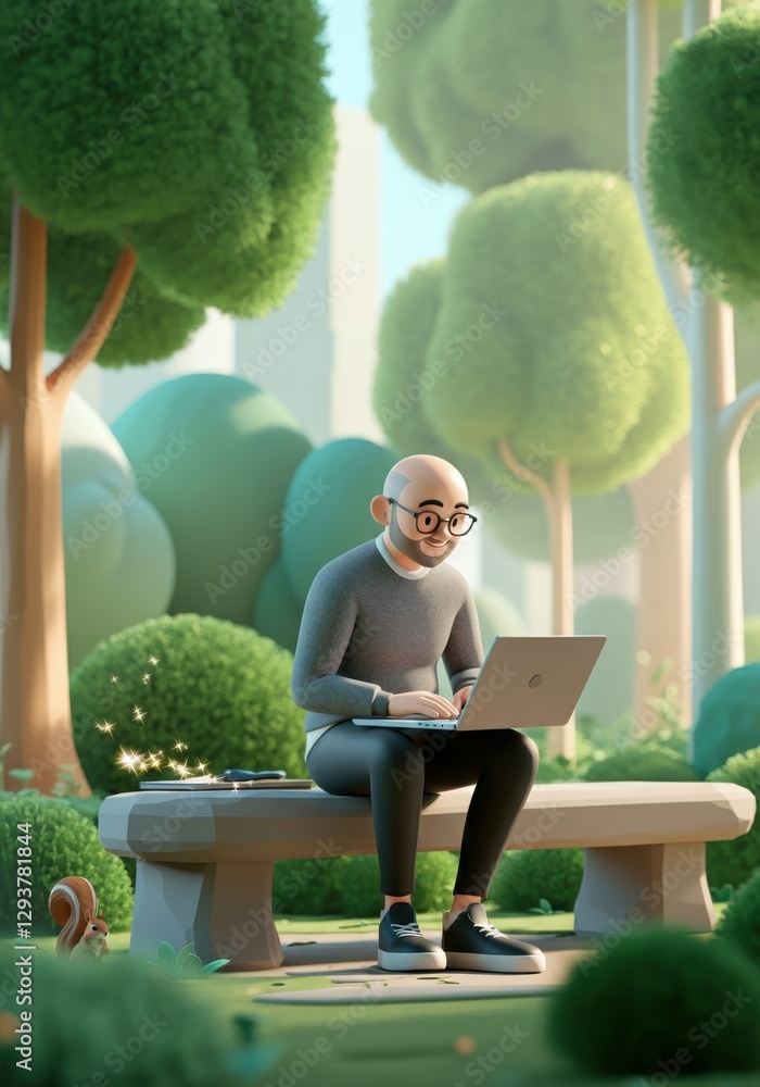 Poster man working on a laptop in a serene park setting surrounded by trees