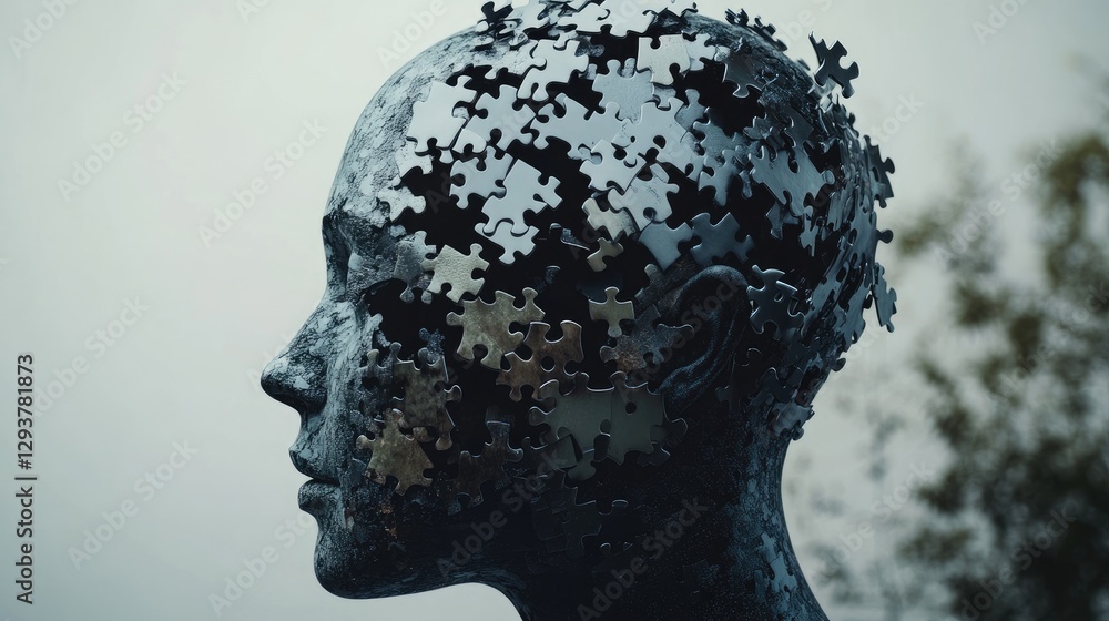 Poster a head silhouette with missing puzzle pieces, symbolizing the emotional and cognitive effects of mem