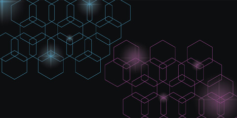 Dark hexagon abstract technology background with blue and pink colored bright flashes under hexagon. Hexagonal gaming vector abstract tech background.