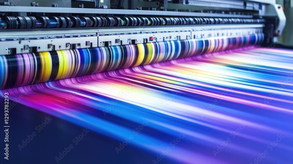 Poster a high-performance industrial printer creating colorful graphics on large paper, with vivid hues and