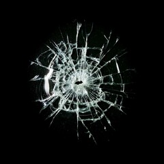 Broken glass with central impact and radial cracks on a black background, highlighting details of the fractured crystal. Shattered glass texture with light effects on the cracks