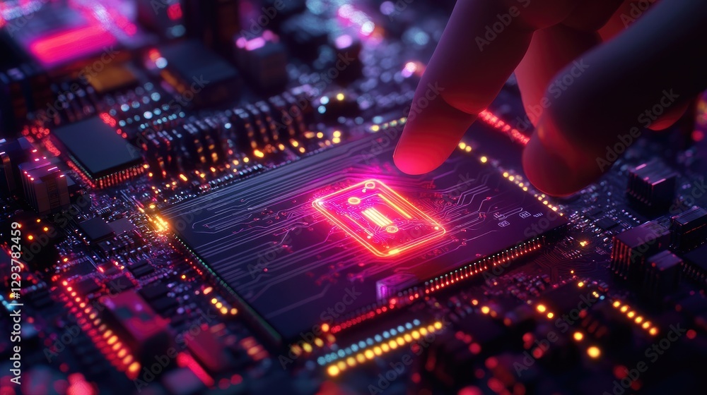 Poster A high-tech concept image of a man touching an AI icon on a semiconductor, reflecting the growth of artificial intelligence and machine learning