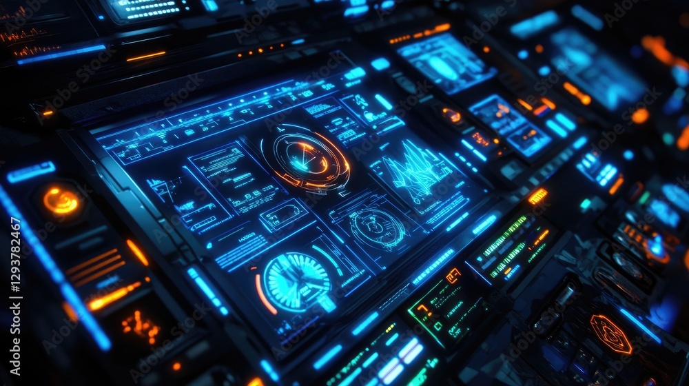 Poster A high-tech, glowing blue and neon green HUD interface with symbols and data visualizations, reflecting advanced digital technology and futuristic design