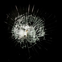 Obraz premium Broken glass with central impact and radial cracks on a black background, highlighting details of the fractured crystal. Shattered glass texture with light effects on the cracks
