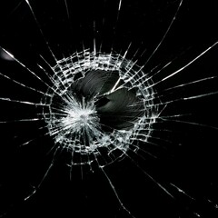 Broken glass with central impact and radial cracks on a black background, highlighting details of the fractured crystal. Shattered glass texture with light effects on the cracks