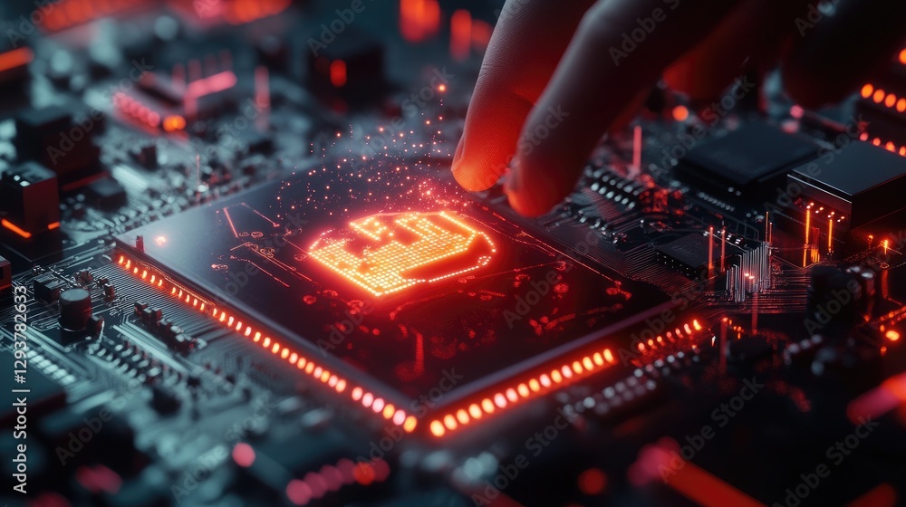 Poster A high-tech concept image of a man touching an AI icon on a semiconductor, reflecting the growth of artificial intelligence and machine learning