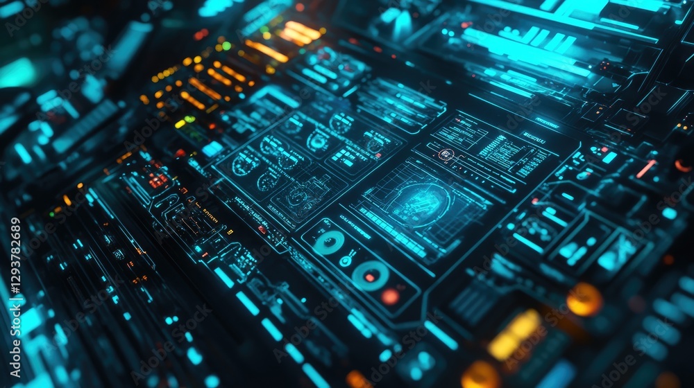 Poster a high-tech, glowing blue and neon green hud interface with symbols and data visualizations, reflect