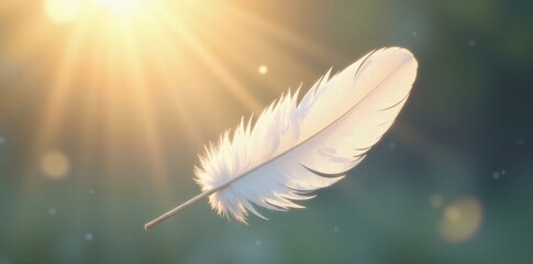 Naklejka premium Single, white feather drifts in sunbeam, soft shadow , plumage, fragile