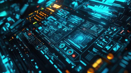 Fototapeta premium A high-tech, glowing blue and neon green HUD interface with symbols and data visualizations, reflecting advanced digital technology and futuristic design