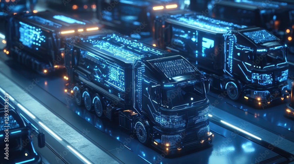 Poster a high-tech logistics concept featuring trucks connected by digital networks, representing innovatio