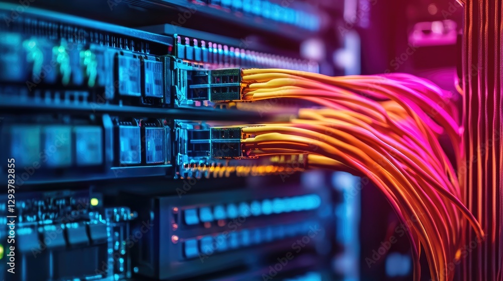 Leinwandbilder A high-tech server rack with network cables in distinct colors neatly connected to a switch panel, offering a clear and efficient data network setup