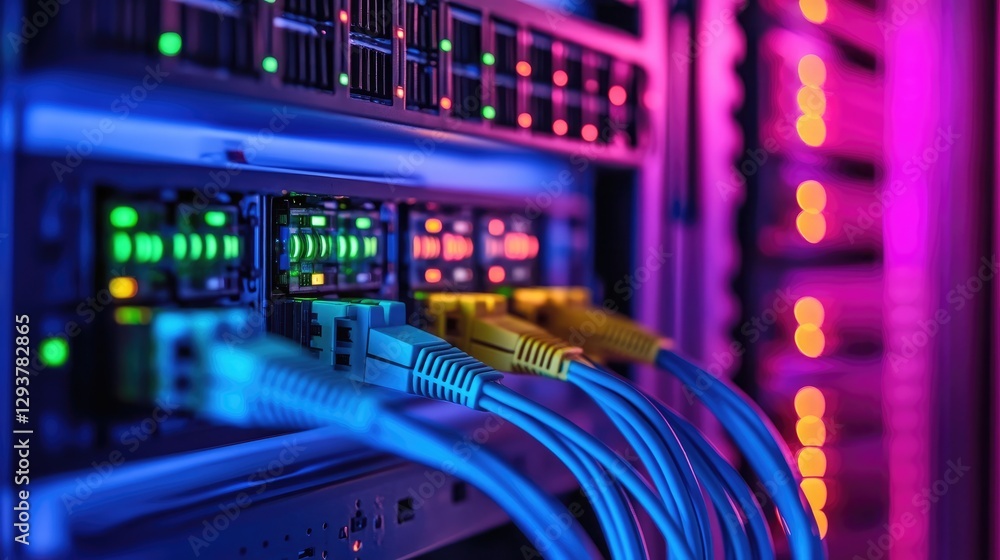 Leinwandbilder A high-tech server rack with network cables in distinct colors neatly connected to a switch panel, offering a clear and efficient data network setup