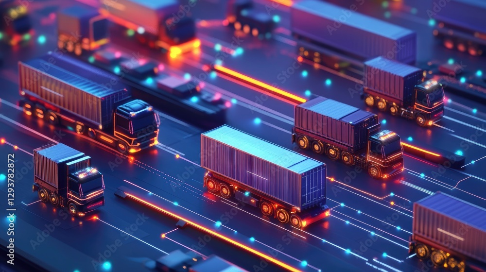 Poster a high-tech logistics concept featuring trucks connected by digital networks, representing innovatio